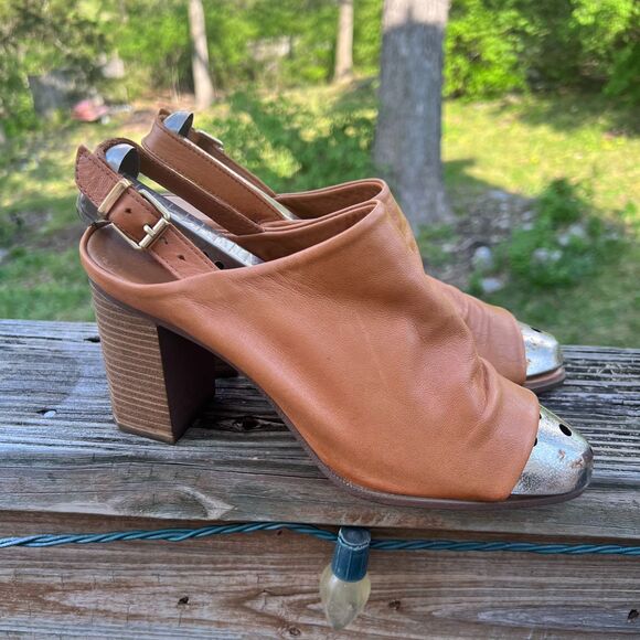 Aldo Brown Genuine Leather Peep Toe Chunky Heel Ankle Strap Size 8.5 Wood Heel - Picture 4 of 12